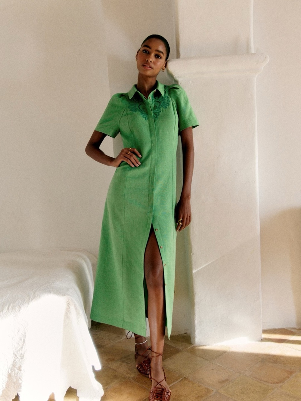 Sezane Green Button-Front Midi Dress with Collar